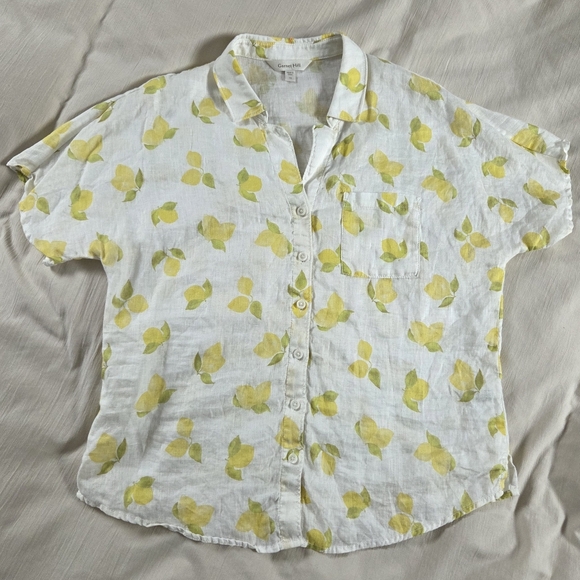 Garnet Hill Yellow Lemon Button-Up Linen T-Shirt Women Size 10 - Picture 2 of 8
